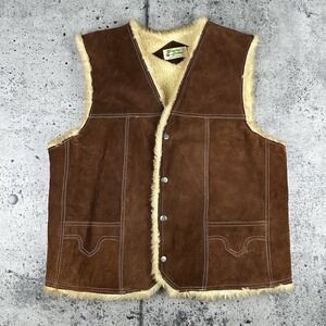 Vintage 70s Rancher Genuine Leather Snap Western Cowboy Vest Sherpa Lined 46